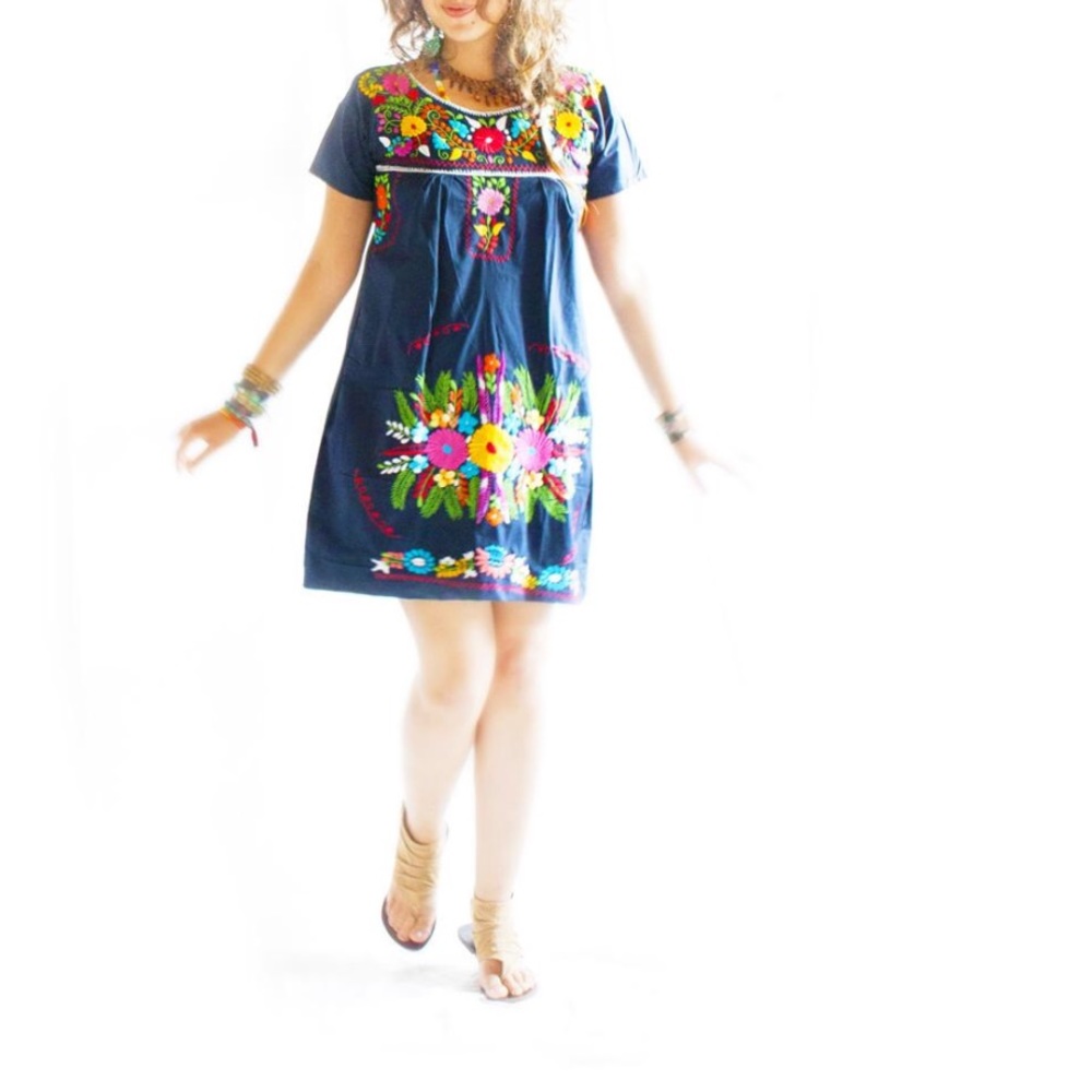 Mexican Boho Navy Blue Floral Dress Ethnic Folk